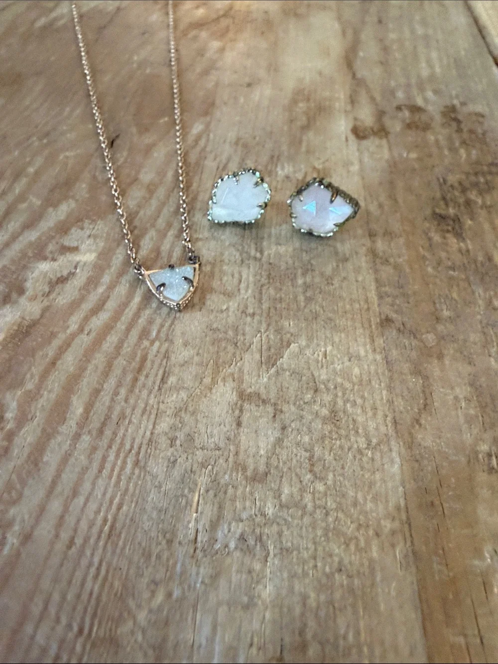 Kendra Scott Rose Gold Triangle Druzy Necklace with White Druzy Studs